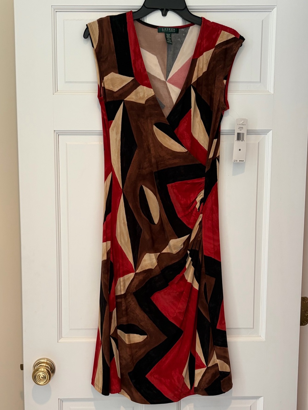 NWT Lauren Ralph Lauren Geo-Print Cap Sleeve Dress in Red and Brown